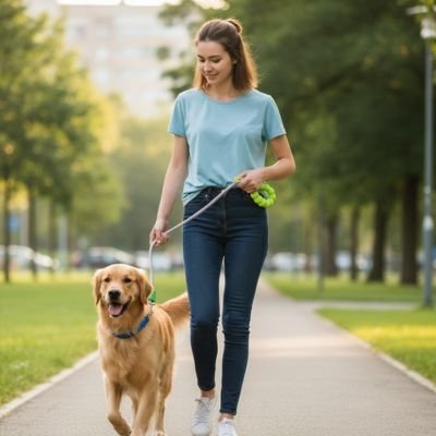 chien en laisse avec poignée rembourrée en promenade
